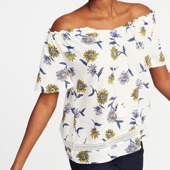 OLD NAVY Relaxed Tassel Tie Peasant Top Cream Ivory Floral Boho Off the Shoulder - Picture 1 of 13